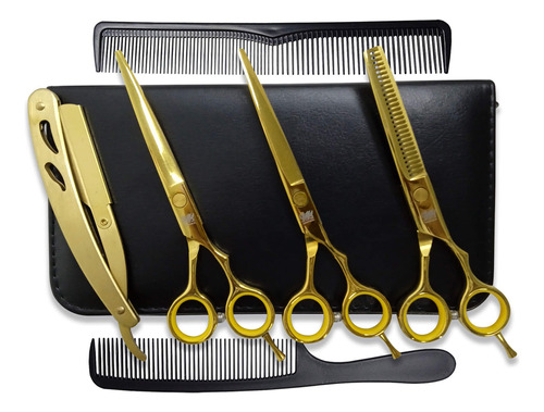 Kit 3 Tesouras Profissionais Cabelo Fio Navalha + Navalha Cor Dourado