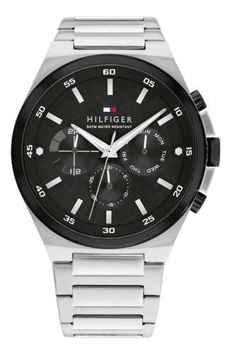 Pulseira de relógio masculina Tommy Hilfiger Dexter, cor: prata, moldura, cor de fundo prateada, cor de fundo preta