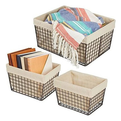 Canasta De Metal Y Tela Organizadora Multiusos Para Baño 3p