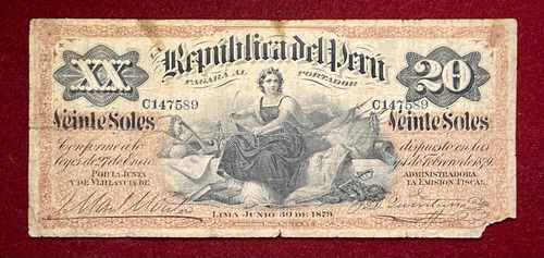 Billete 20 Soles Peru 1879 Pick 6 American Bank Note Company (Usado)