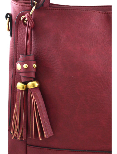 Cartera Carteron Tote C/ Cierre Bolsillos Cuero Ecolog Bordo Bordó Liso Oro Bordó