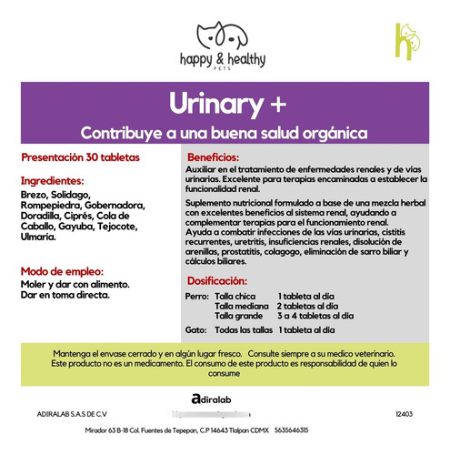 Suplemento Mascota Urinary + 100 Tabletas Para Perro Y Gato