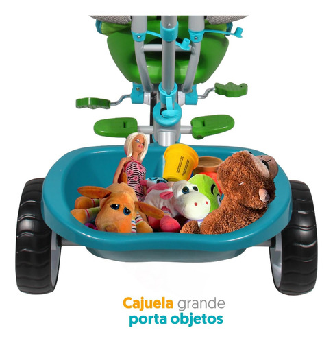 Triciclo 3 En 1 Barra Empuje Dino Verde Luz Sonido Apache