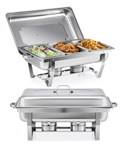 Rechaud Retangular Inox 3 Cubas Gn 1/3 X 65 Mm 9 Litros Buffet Self Service Banho Maria Com Alça E Tampa Removível