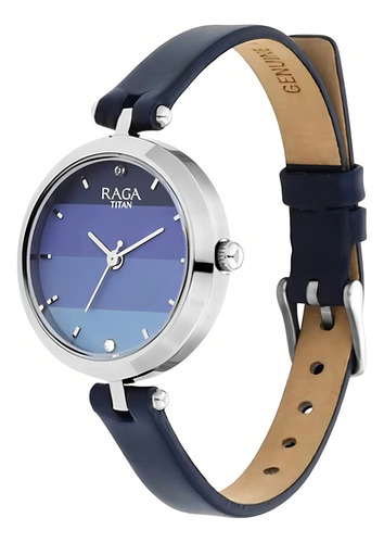 Reloj De Cuero Para Mujeres Con Dial De Plata Y Analógico De Titan, Color Azul