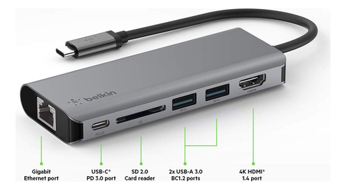 Adaptador Multipuerto 6 En 1 Usb C Hub Belkin Con 4k Hdmi