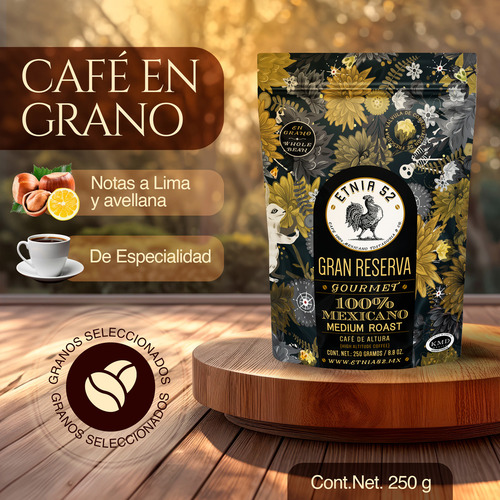 Café en Grano de Altura Gran Reserva | 250gr | Tostado Medio | Cuerpo Completo | 100% Arábica | Certificación Kosher | Notas a Lima y Avellana | Grano Entero | ETNIA 52