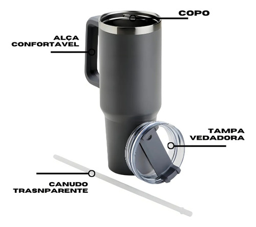 Copo Térmico Com Canudo/tampa 1200ml Grande C/alça Preto Lisa
