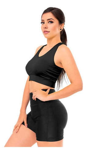 Conjunto Deportivo Mujer Short Biker Top Deportivo Licra Gym Negro Lisa Ch