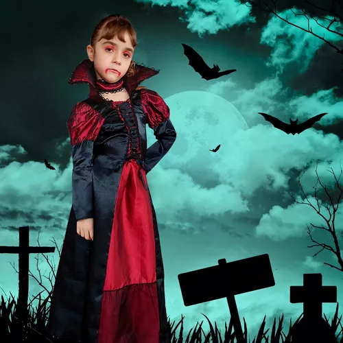 Fantasia Infantil Vampira Luxo Vestido Longo Festa Halloween