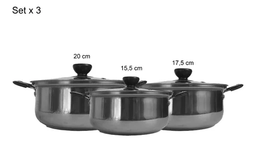 Set 3 Ollas Cacerolas Acero Inoxidable 16/20/24 Cocina Bz3