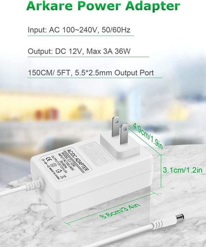Arkare 12v Dc Power Supply 12v 3a Power Adapter 36w Ac 100v-