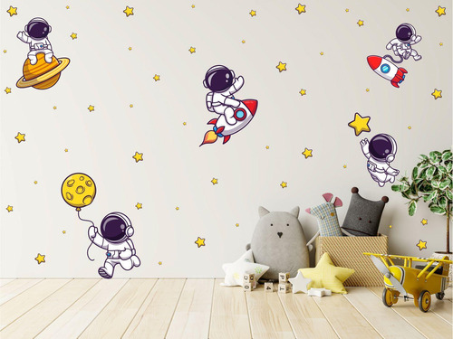 Adesivo De Parede Infantil Astronautas E Foguetes Estrelas