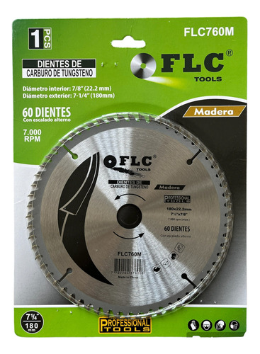 Disco Corte De Madera 7-1/4'' 60 T, En Carburo De Tungsteno.