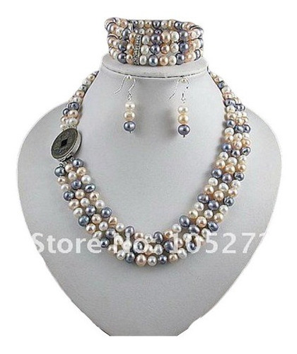 Conjunto Colar Triplo,pulseira,brincos Pérolas Grau 2a 6-7mm