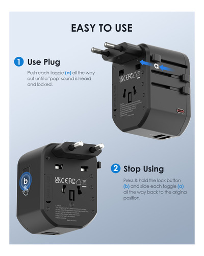 Adaptador de viaje universal Epicka negro, con 2 puertos USB-A y 1 USB-C, compatible con enchufes de EE. UU., UE, Reino Unido y Australia.