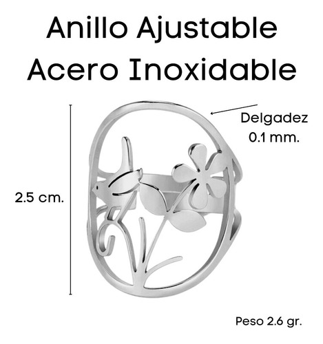 Imagen 3 de 8 de Anillo Pajaro Flor Mujer Ajustable Acero Plata Minimalista