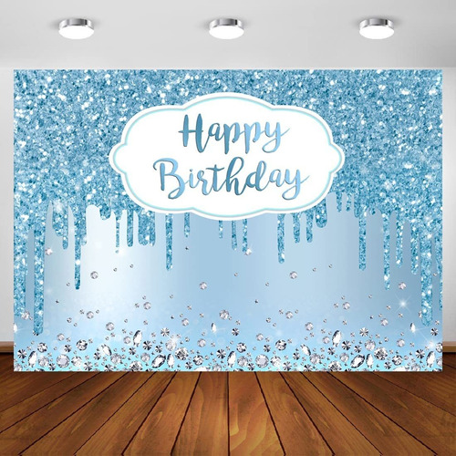 Aperturee 10x7ft Blue Happy Birthday Backdrop Glitter Diamon