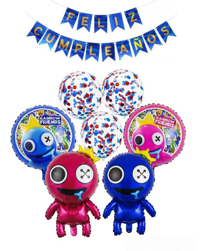 7 Globos Roblox Rainbow Friends Pink Y Blue + Banderín Azul