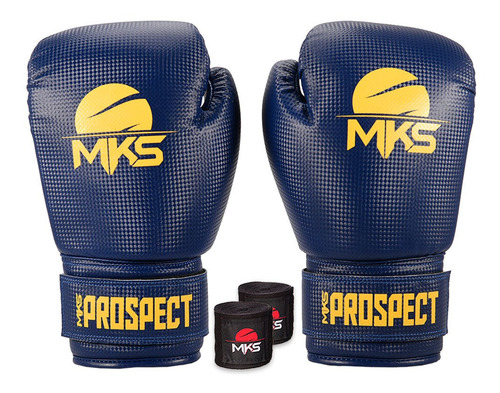 Luva Boxe Muay Thai Prospect Mks Blue Yellow + Bandagem Pret