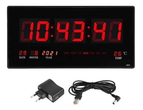 Reloj Digital Pared Luz Led Hora Fecha Temperatura 47x23cm 