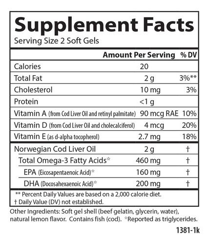 Carlson Labs Gemas Aceite Hígado Bacalao 150 Softcaps Sabor Sin Sabor