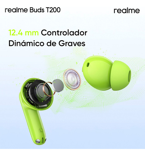 Realme Buds T200 Audifonos Cancelacion Ruido 32db Anc Bluetooth 5.4 Microfonos Inalambricos Certificación Hi-Res 12.4mm IP55 45 ms de latencia ultrabaja Verde