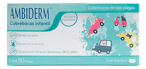 Cubrebocas Infantil Ambiderm Verde Con Carros Caja Con 50 Pz