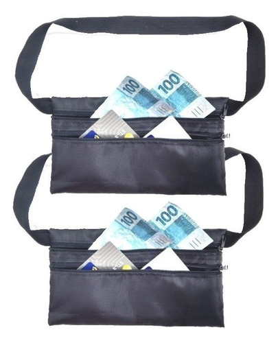 Kit C/ 2 Pochete Porta Dolar Money Belt 2 Divisões Poliester Cor Preto