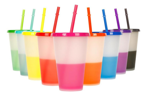 Piezas Vasos Magicos Cambia Color De Plastico Con Tapa Y Popot Vasos Reutilizables Cambia De Color Con El Frio 10 Unidades