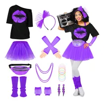 Comprar Disfraces Para Mujer Los 80, Disfraces De Halloween, Disfraz Cosplay Para Mujer De Fiesta Neón Con Guantes, Falda De Tul, Playera Y Riñonera