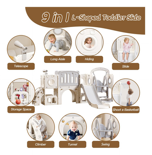 Juego De Tobogán Y Columpio Para Niños Pequeños 9 En 1 Blanco/gris