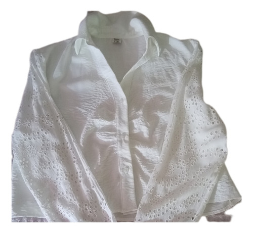 Camisa Corta En Crepe Blanca Mangas Largas Broderie Talle M