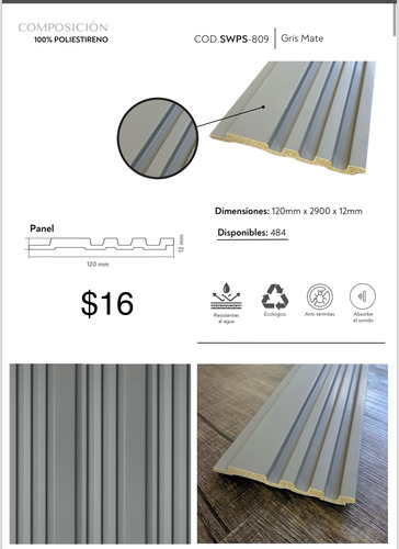 Soh Wall Panels Poliuretano Pvc 2.90x12  Gris