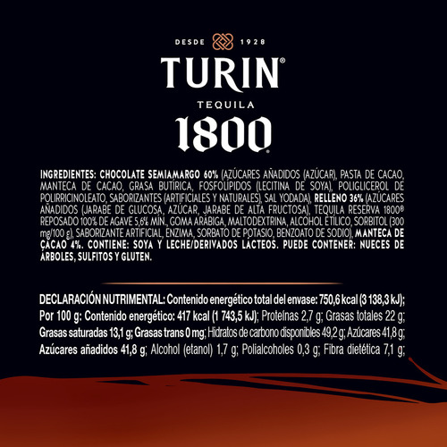 Turín Tequila 1800 Reserva Chocolates Tubo 180g