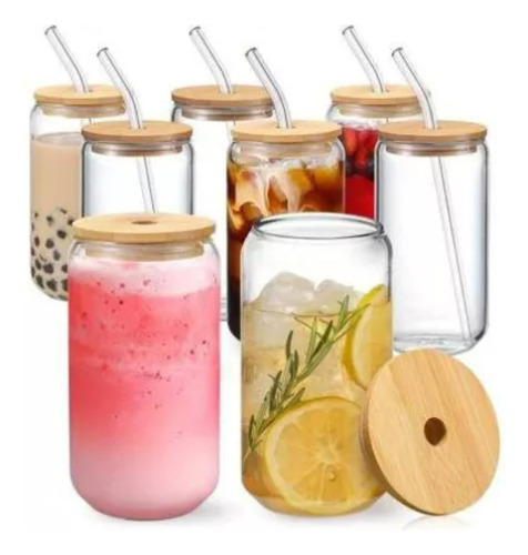 Nuevo Pack De 4vasos De Vidrio Con Tapa De Bambú +bombilla