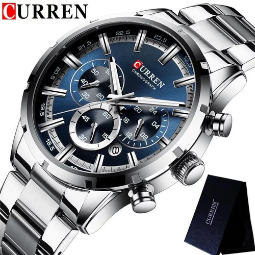 Reloj multifuncional Curren 8355 plateado y azul para hombre