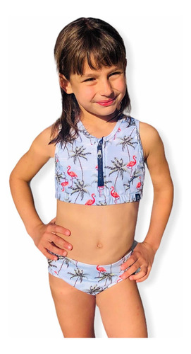 Imagen 3 de 8 de Malla Bikini Surf Niña Uv Upf50+ Top Cierre + Bombi Flamenco
