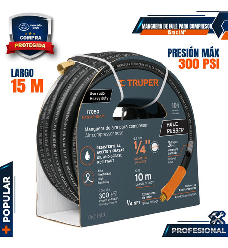 Manguera De Hule Para Compresor, 15 M X 1/4 , Truper 17081