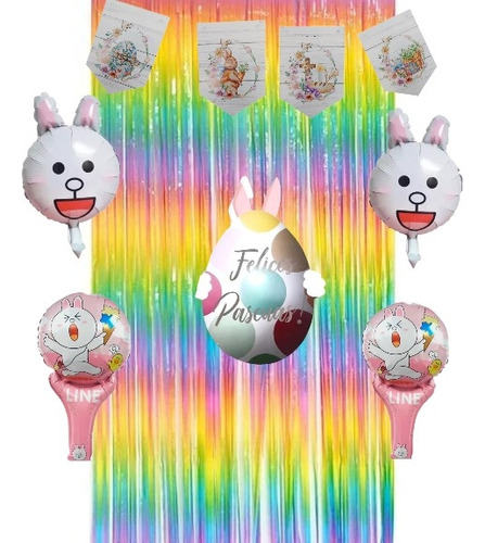 Set Felices Pascuas Decoracion Cortina Globo Conejo Banderin