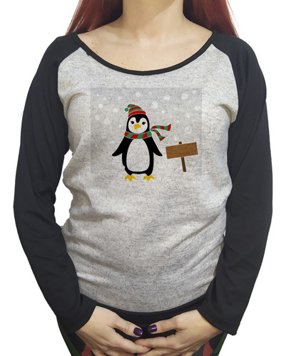 Buzo Lanilla Mujer  Pinguino Con Bufanda Nieve Art