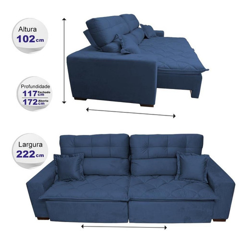 Sofá 2,22m Retrátil E Reclinável Cama Inbox Confort Azul