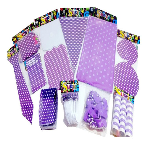 Decoración Tématica Polka Morado Lila Puntos Set X24