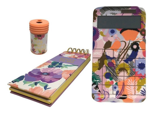 Imagen 1 de 10 de Kit De Oficina Calculadora Libreta Y Sacapuntas Flores Bello
