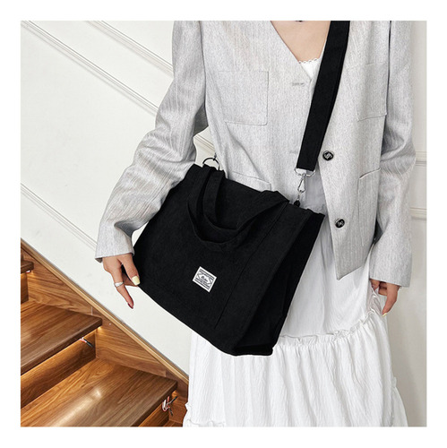 Bolso Universitario Mujer Elisabeth&co Nictionxl, Cartera Mujer Grande De Tela Corderoy Negro Reforzada Con Correa Desmontable Y Ajustable. Ideal Para La Facultad Universidad Uso Diario.