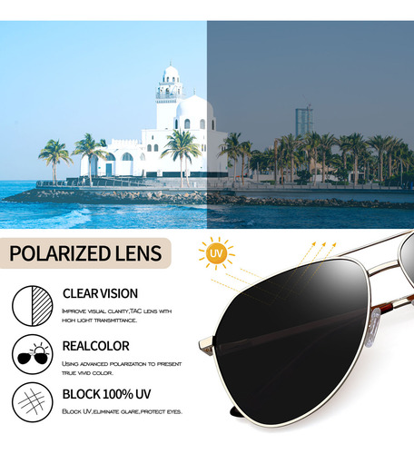 Lentes de sol polarizados hombre UV400 anti luz solar piloto diseño dorado/negro