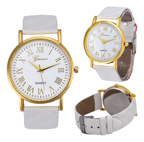 Reloj Geneva Mujer, De Cuarzo, Blanco Con Dorado