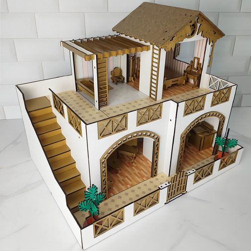 Casinha De Bonecas Infantil Mdf 2 Andares 22 Móveis Dourada