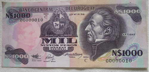 Billete Uruguay 1000 Nuevos Pesos Bajo Nro De Serie 0000010