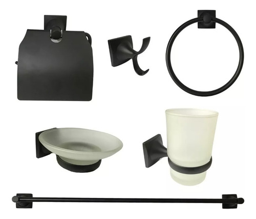 Kit Set 6 Accesorios Baño Ducha Negros Metalicos Vidrio